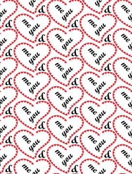 Love geometric seamless pattern. Shapes of red hearts. Text lettering you, me Stock Illustration