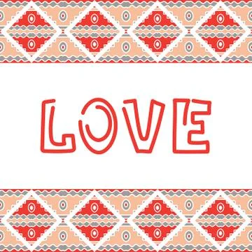 Love , handwritten . Geometric pattern of squares, ornament. Red and pink. Stock Illustration