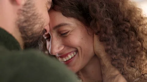 Love, happy couple and commitment while touching face, laughing and bonding Stockbeeldmateriaal 225337516