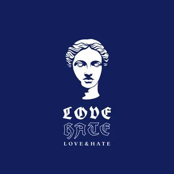 Love hate modern classics typography slogan with antique statue head collage Stock Illustration