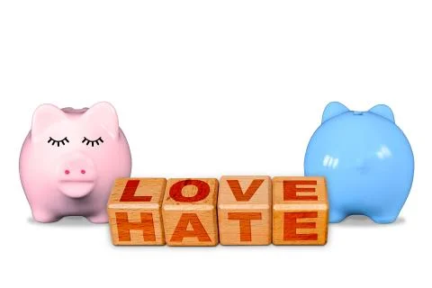 Love Hate Words on Same Building Blocks and Piggy Banks Stock Photos