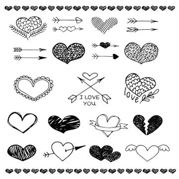 Love heart and arrow vector sketch set Stock Illustration