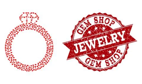 Love Heart Composition of Gem Ring Icon and Rubber Seal 스톡 일러스트