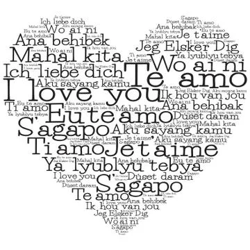 Love heart made from "I love you" in 15 different languages Stock Illustration