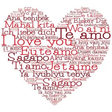 Love heart made from "I love you" in 15 different languages Stock Illustration