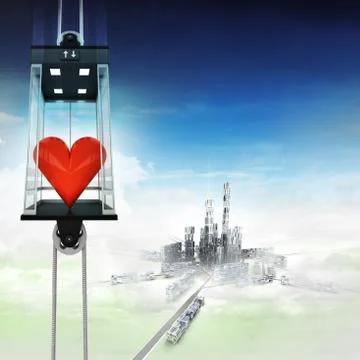 Love heart in sky space elevator concept above city illustration Ilustración de archivo
