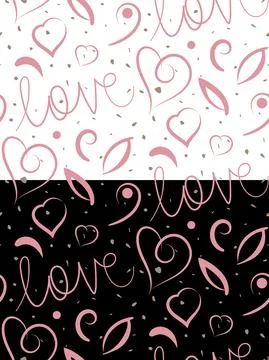 Love hearts seamless pattern. Hand painted lettering, decorative elements, leaf Stock Illustration