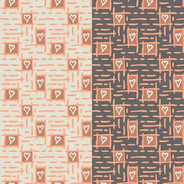 Love hearts seamless pattern. Hand stitching motif. Hand drawn ink paint brush Stock Illustration