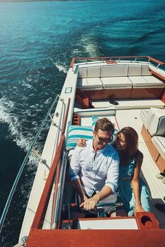 Love, high angle or couple on water with yacht, summer break or healthy rel.. Fotos Stock