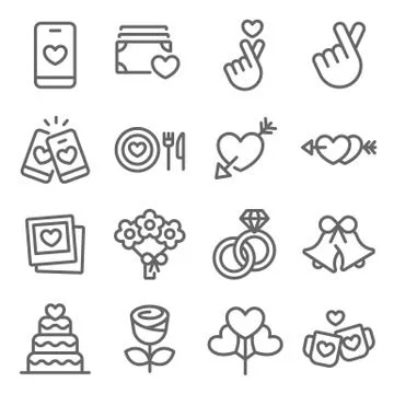 Love icons set vector Rose, Couple Ring, Flower Stock Illustration