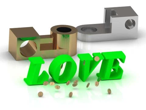 LOVE- inscription of red letters and golden details on white background Stock Illustration