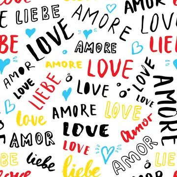 Love lettering seamless pattern vector illustration. Love written in differen Ilustración de archivo