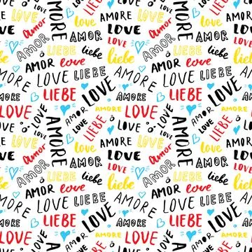 Love lettering seamless pattern vector illustration. Love written in differen Ilustración de archivo