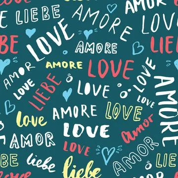 Love lettering seamless pattern vector illustration. Love written in differen Ilustración de archivo