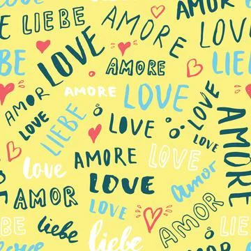 Love lettering seamless pattern vector illustration. Love written in differen Ilustración de archivo