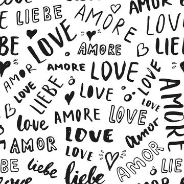 Love lettering seamless pattern vector illustration. Love written in differen 库存插图