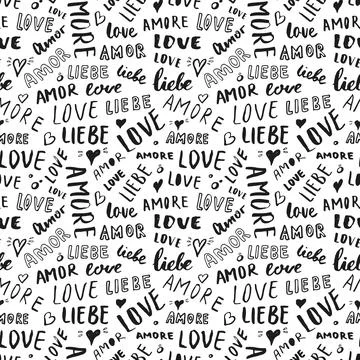 Love lettering seamless pattern vector illustration. Love written in differen Ilustración de archivo