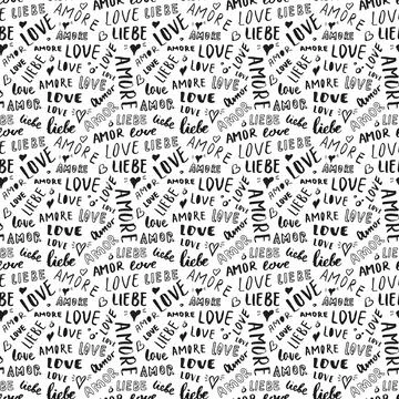 Love lettering seamless pattern vector illustration. Love written in differen Illustrazione stock