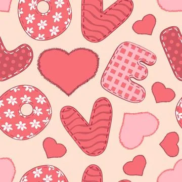 Love letters seamless pattern. Pink hearts shapes, stitched patches, textile 스톡 일러스트