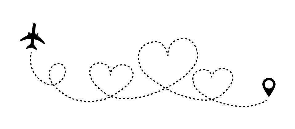 Love line airplane dotted route. Romantic heart dashed trace path, air plane Stock Illustration