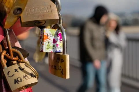 Love Locks and Sweet Couple on Hohenzollern Bridge Stock Photos