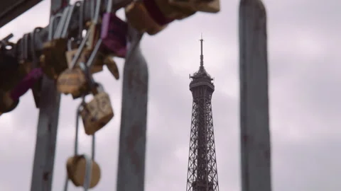 Love Locks On The Bridge With Eiffel Tower In The Background In Paris, Stock Footage 243338927