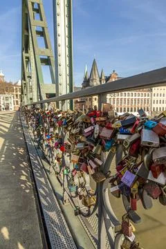 Love locks on bridge Eiserner Steg in Frankfurt with skyline and Main river i Stock Photos