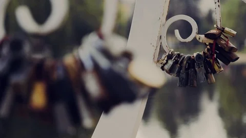 Love locks on bridge features locks from couples expressing their eternal 스톡 동영상 109462433
