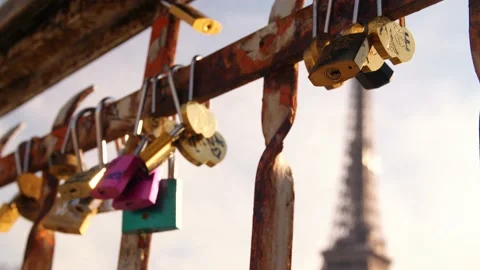 Love locks at bridge in front of the Eiffel tower Stock Footage 182857745