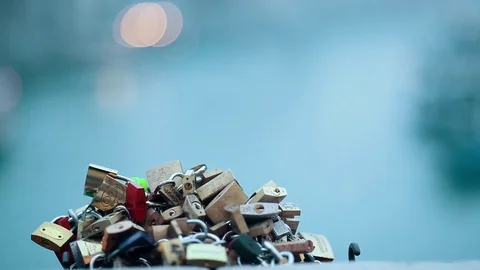 Love locks on a bridge in Venice Stock Footage 71322492