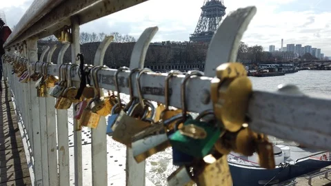 Love Locks to the Eiffel Tower on the River Seine in Paris France Stock Footage 104254086