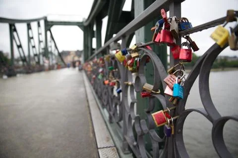 Love Locks on Eiserner Steg Bridge over the Main River Stock Photos