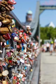 Love locks at the Eiserner Steg bridge love in Frankfurt Germany Europe Fotos de archivo