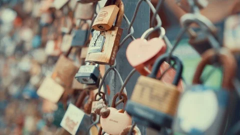 Love locks on a fence Stock Footage 89087063