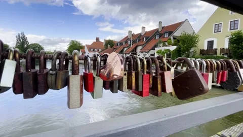 Love locks hanging on the bridge Stock Footage 158062774