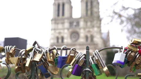 Love Locks with Notre Dame Cathedral in the Background, Paris Video stock 303782250