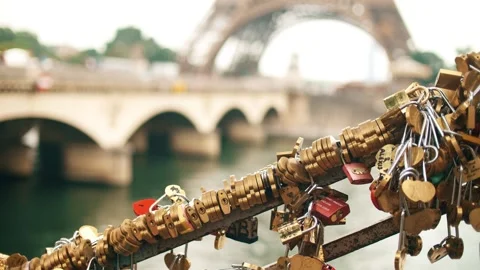 Love locks or padlocks as love symbols close to the Eiffel Tower, Paris Video stock 247668733