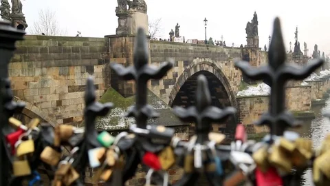 Love locks on Prague bridge Stock Footage 72485289