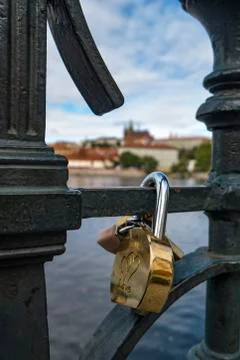 Love locks on a rail in Prague Stock Photos