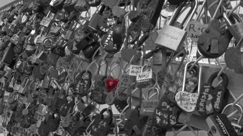 Love Locks - Selective Color - Red Heart Lock Stock Footage 157791696
