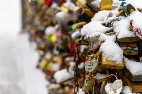 Love locks with snow isolated Stock Photos