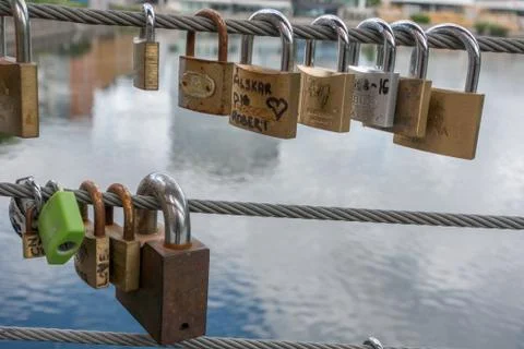 Love locks on  wire Stock Photos