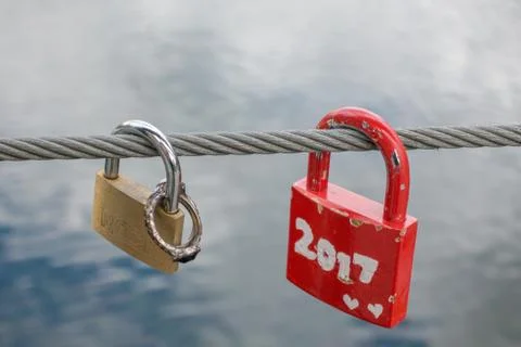 Love locks on  wire Stock Photos