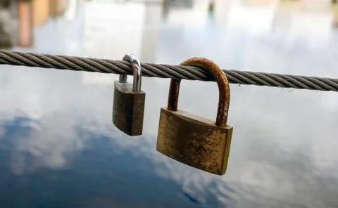 Love locks on  wire Stock Photos
