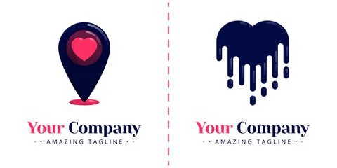 Love logos for online apps with the theme of location and pin, as well as lov Stock Illustration