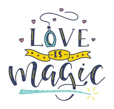 Love is magic colored calligraphy with magic wand and potion. Stock Illustration