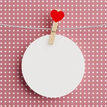 Love Message Concept. Blank Round Card Clipped With Heart Peg On Pink Polka.. Stock Illustration