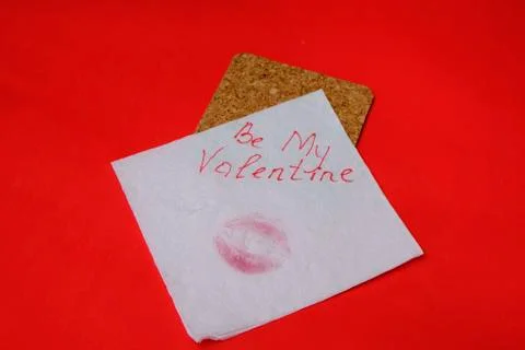 Love message left on red table, valentine concept Foto stock