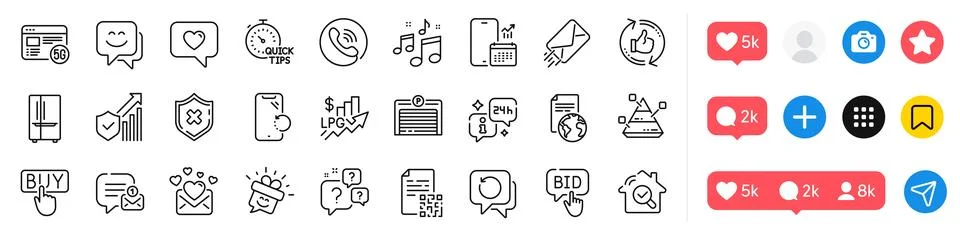 Love message, Security statistics and Question bubbles line icons pack. For web Illustrazione stock