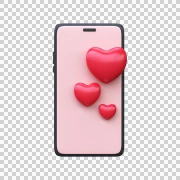 Love message on the smartphone screen. 3D cartoon phone with red hearts Stock Illustration